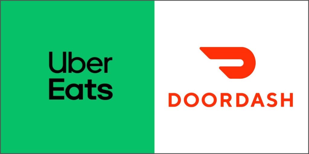 An image of the Uber Eats logo and the DoorDash logo side by side.