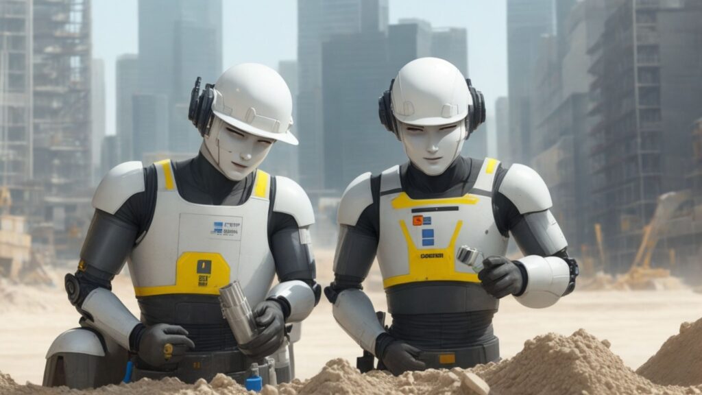 Image of Androids working on a construction site. For post about AI and Automation.