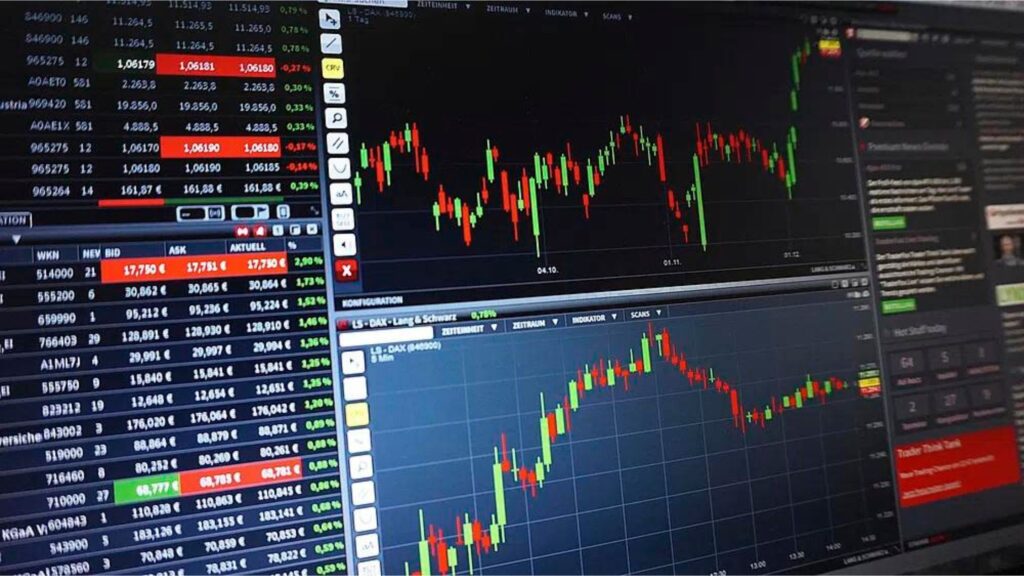 multiple stock market charts on a screen. A stock trading setup.