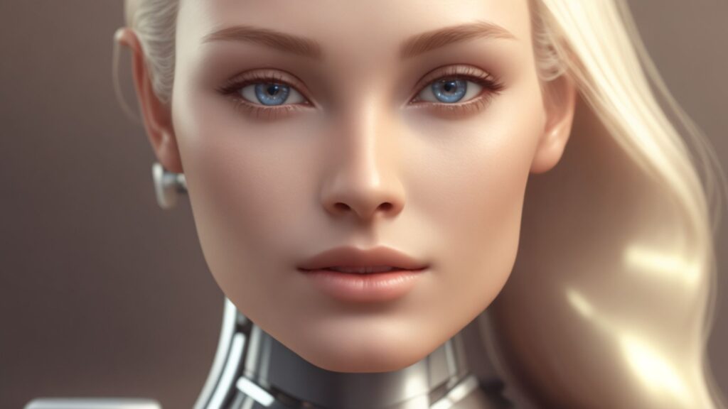 Image of a beautiful blonde woman with an android body. For post about AI relationships.