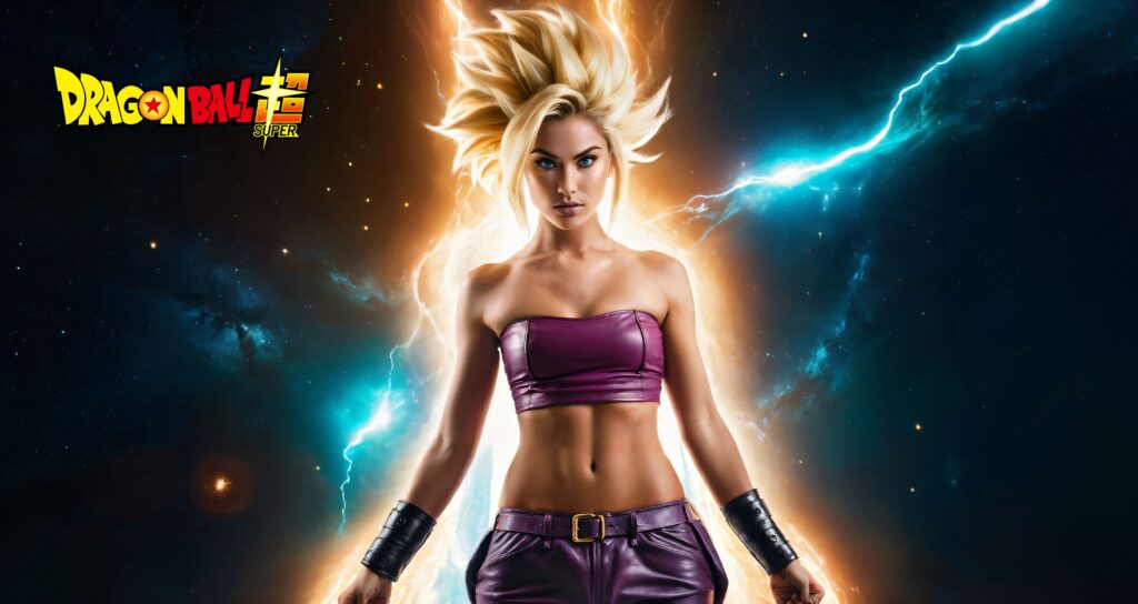 Photorealistic portrayal of Caulifla, the Saiyan warrior, radiating in Super Saiyan 2 form